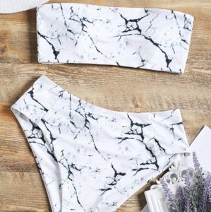 Zaful Marble Print High Waisted Bandeau Bikini Set